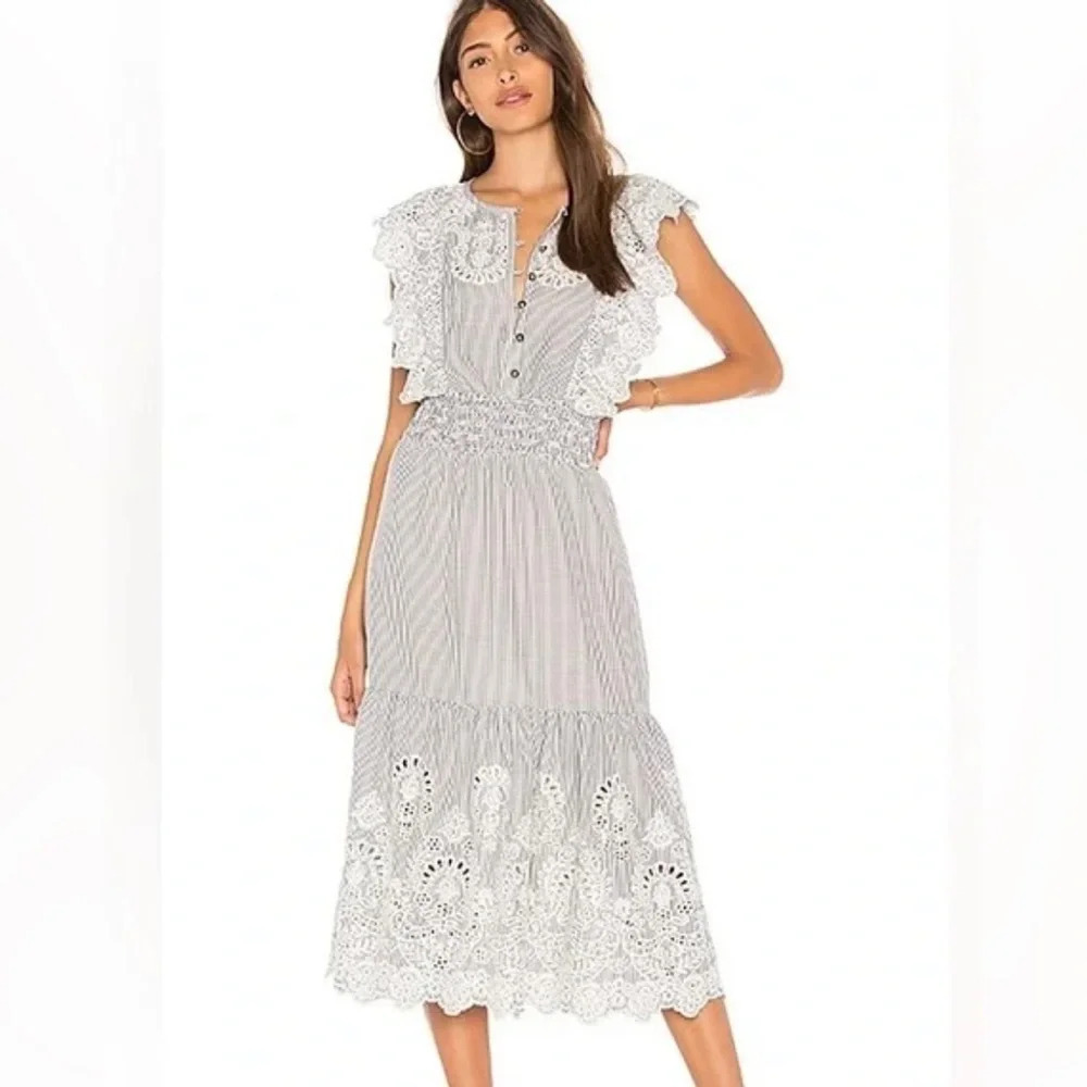 SAYLOR White and Light Gray Eyelet Midi Dress